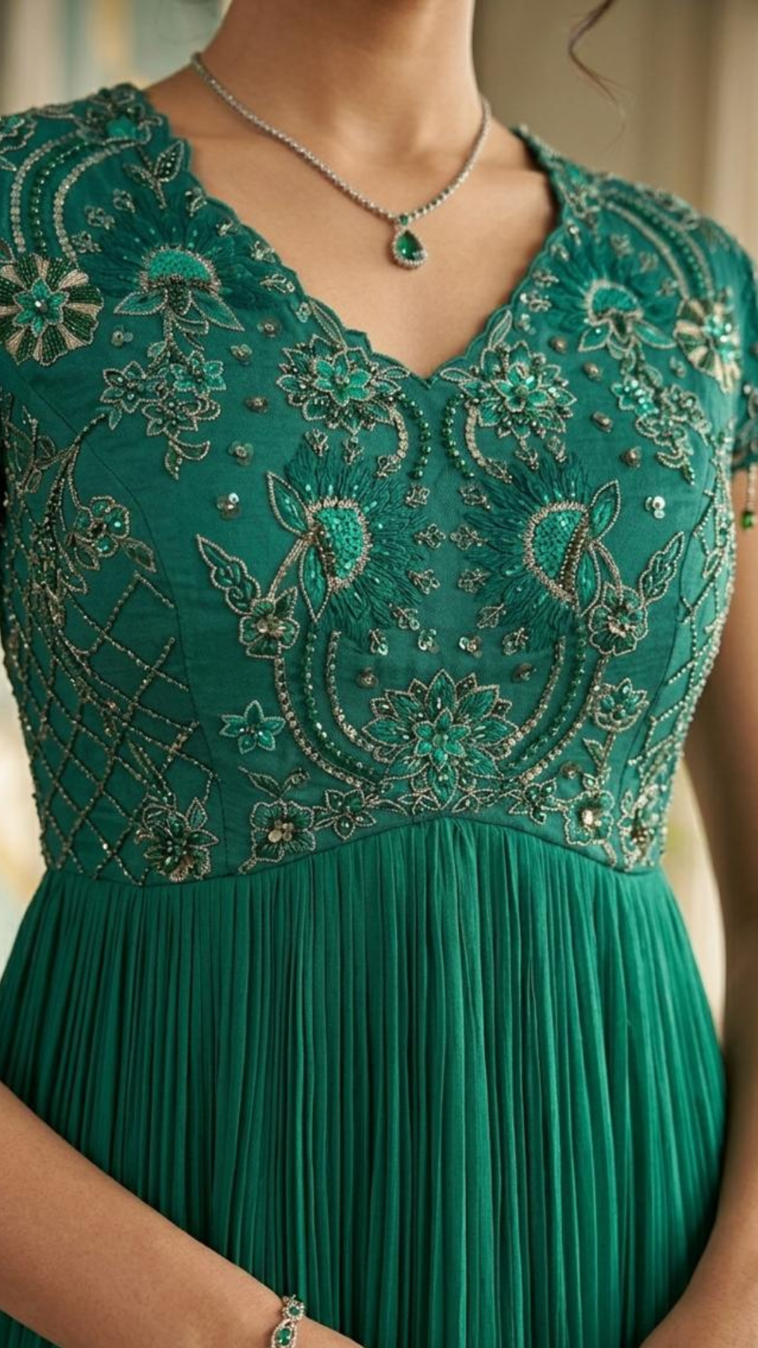 Emerald Green Chiffon Hand Embroidered Anarkali
