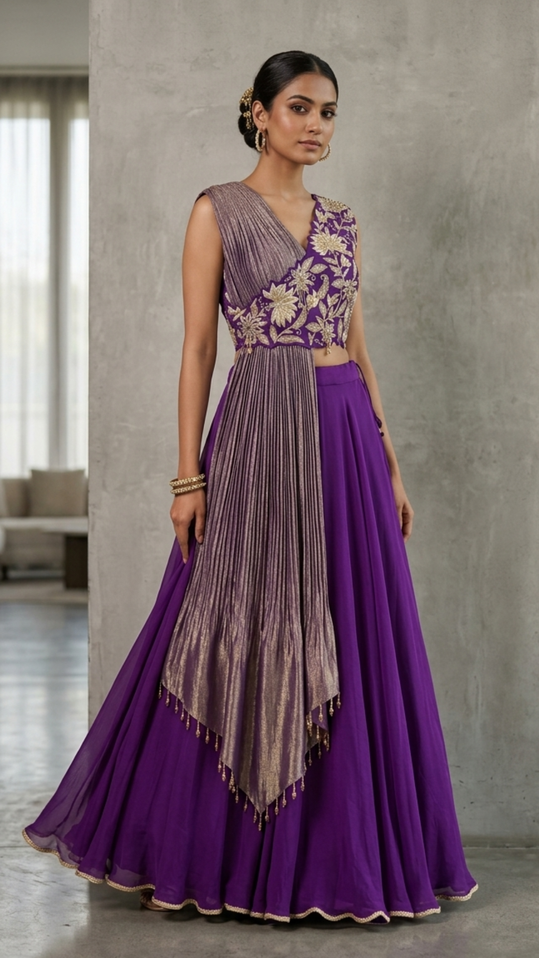 Purple Draped blouse embroidered georgette skirt set