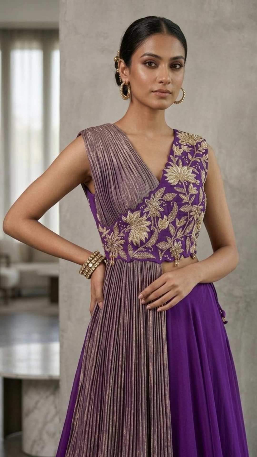 Purple Draped blouse embroidered georgette skirt set
