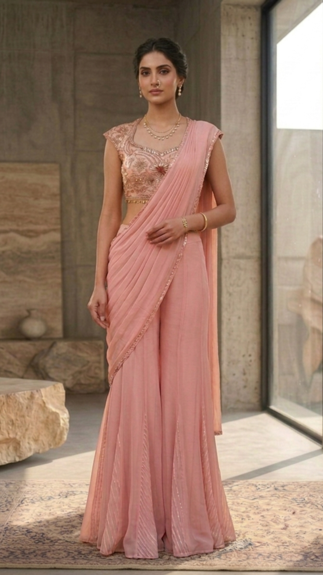 Peach and gold Chanderi Zari blouse pant saree set