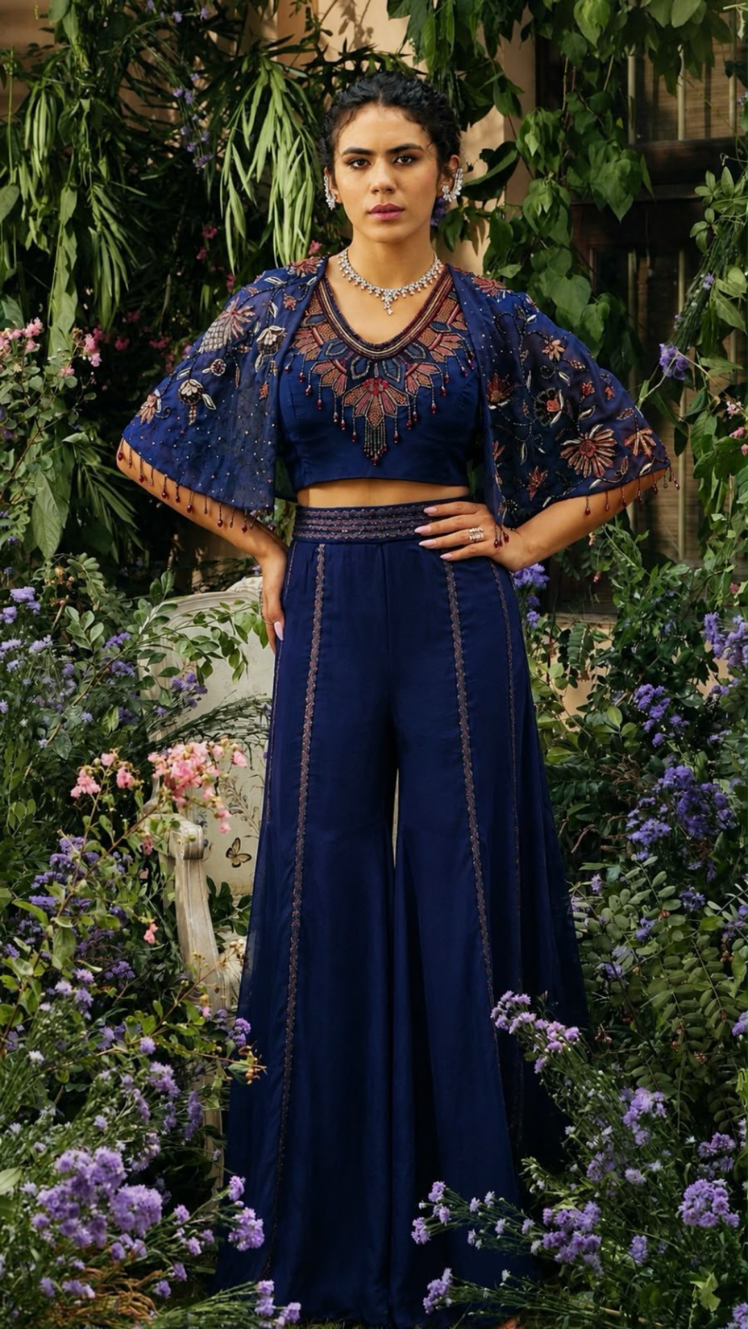 Midnight Blue Cape Blouse Sharara Set