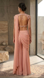 Peach and gold Chanderi Zari blouse pant saree set