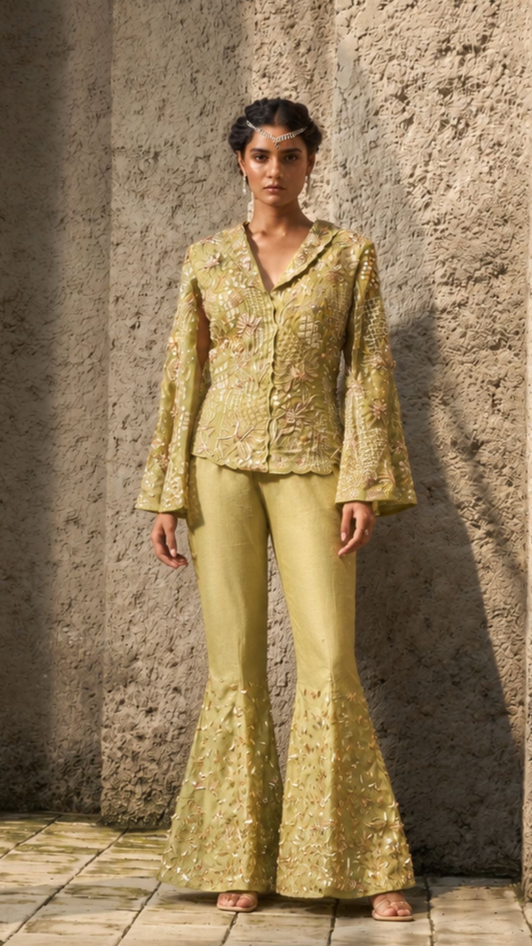 Pista green cape sleeves jacket set