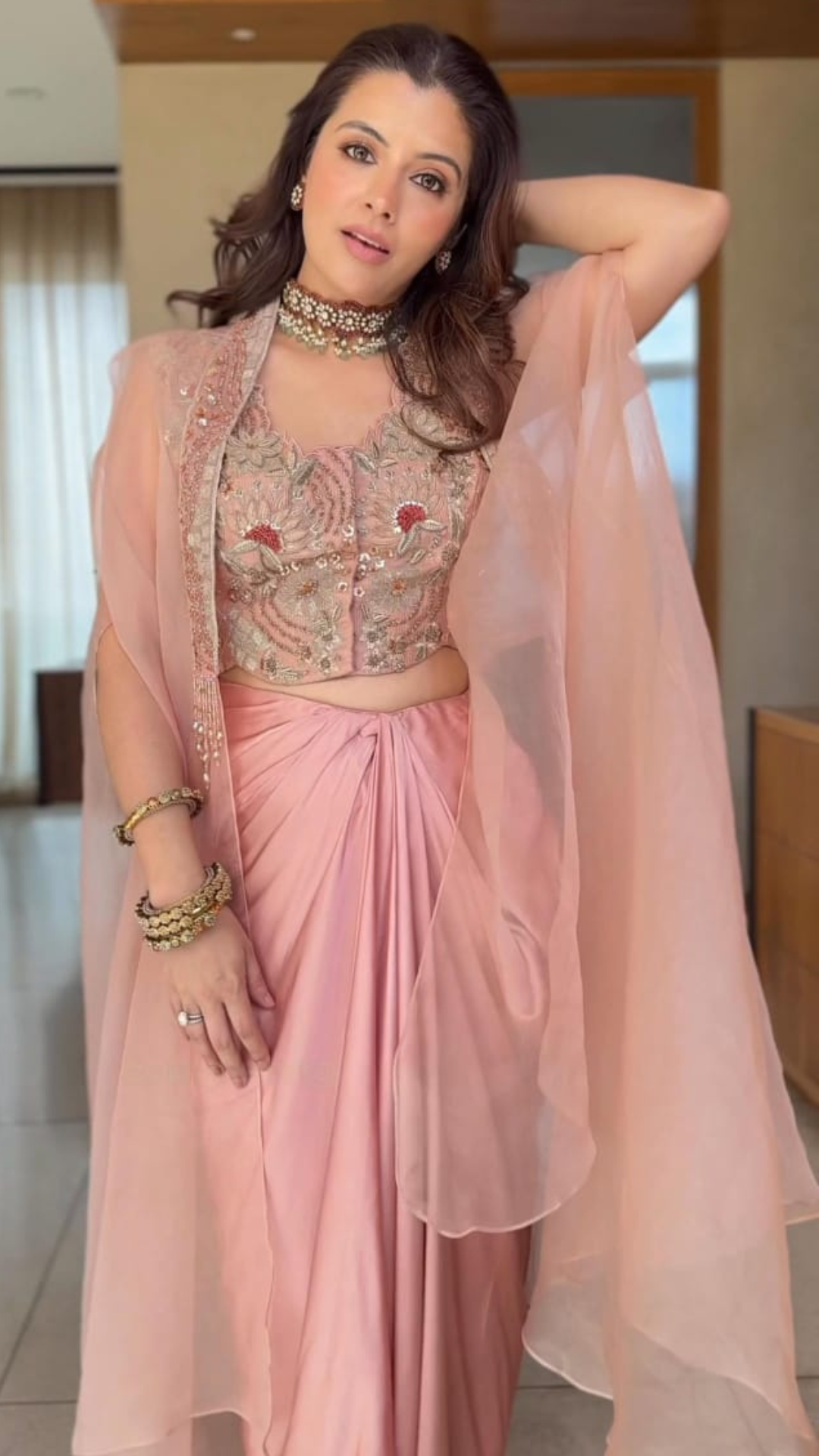 Blush pink chanderi zari waist coat with drape skirt