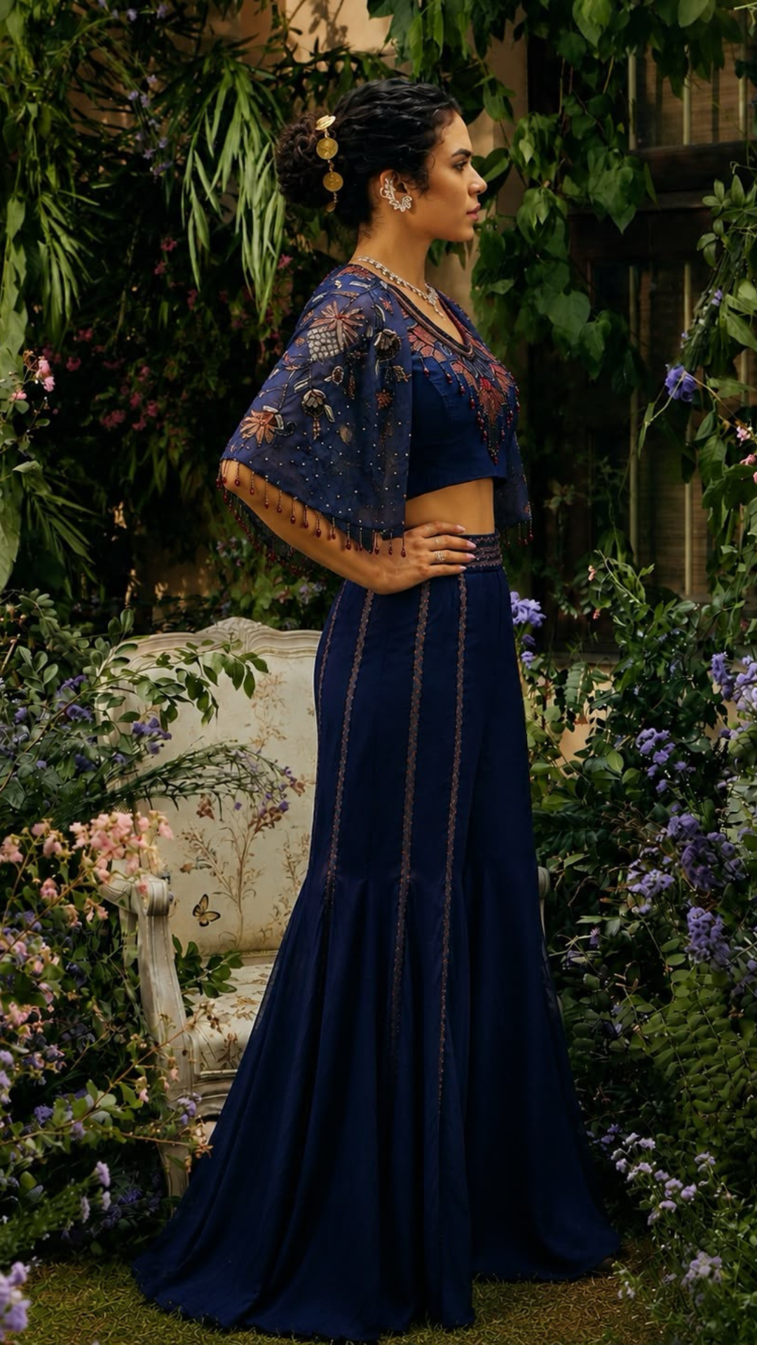 Midnight Blue Cape Blouse Sharara Set