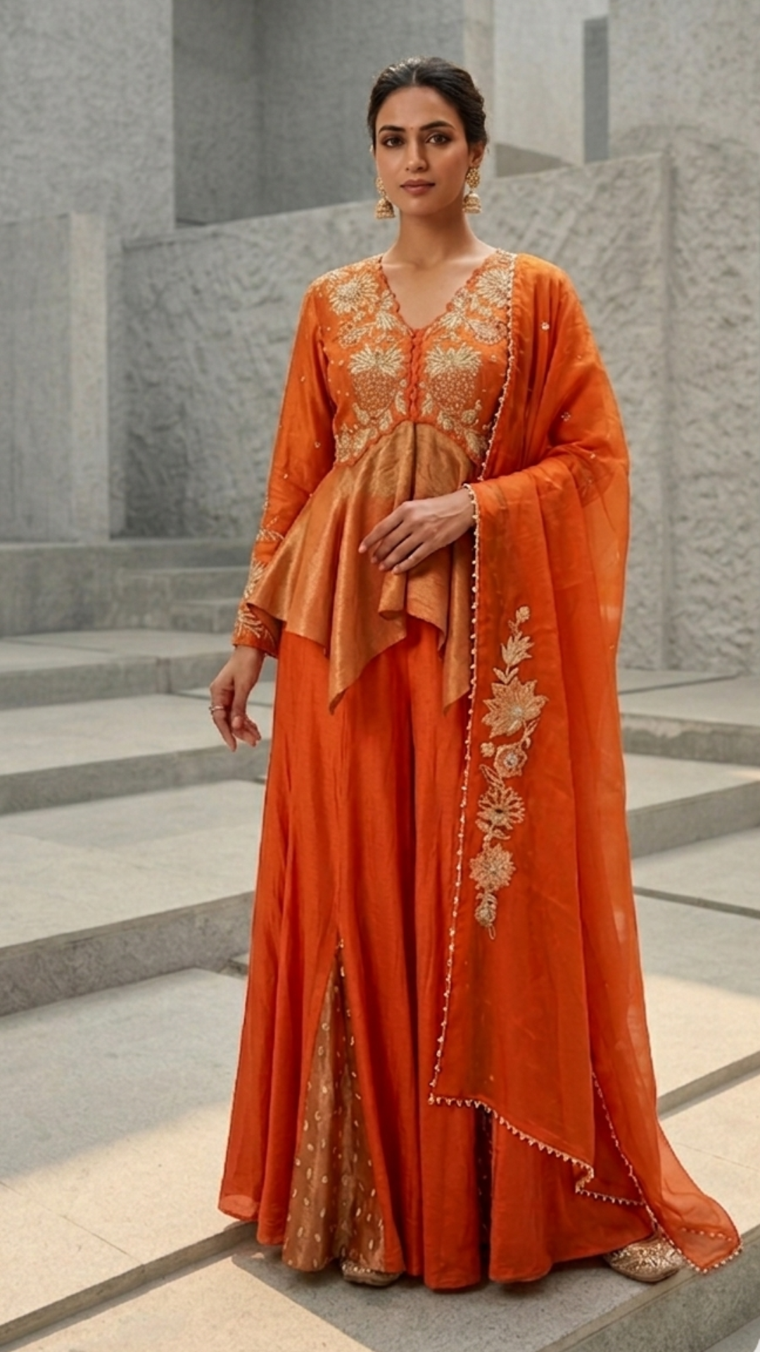 Orange Banarasi Tissue Peplum & Sharara Set,