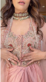 Blush pink chanderi zari waist coat with drape skirt