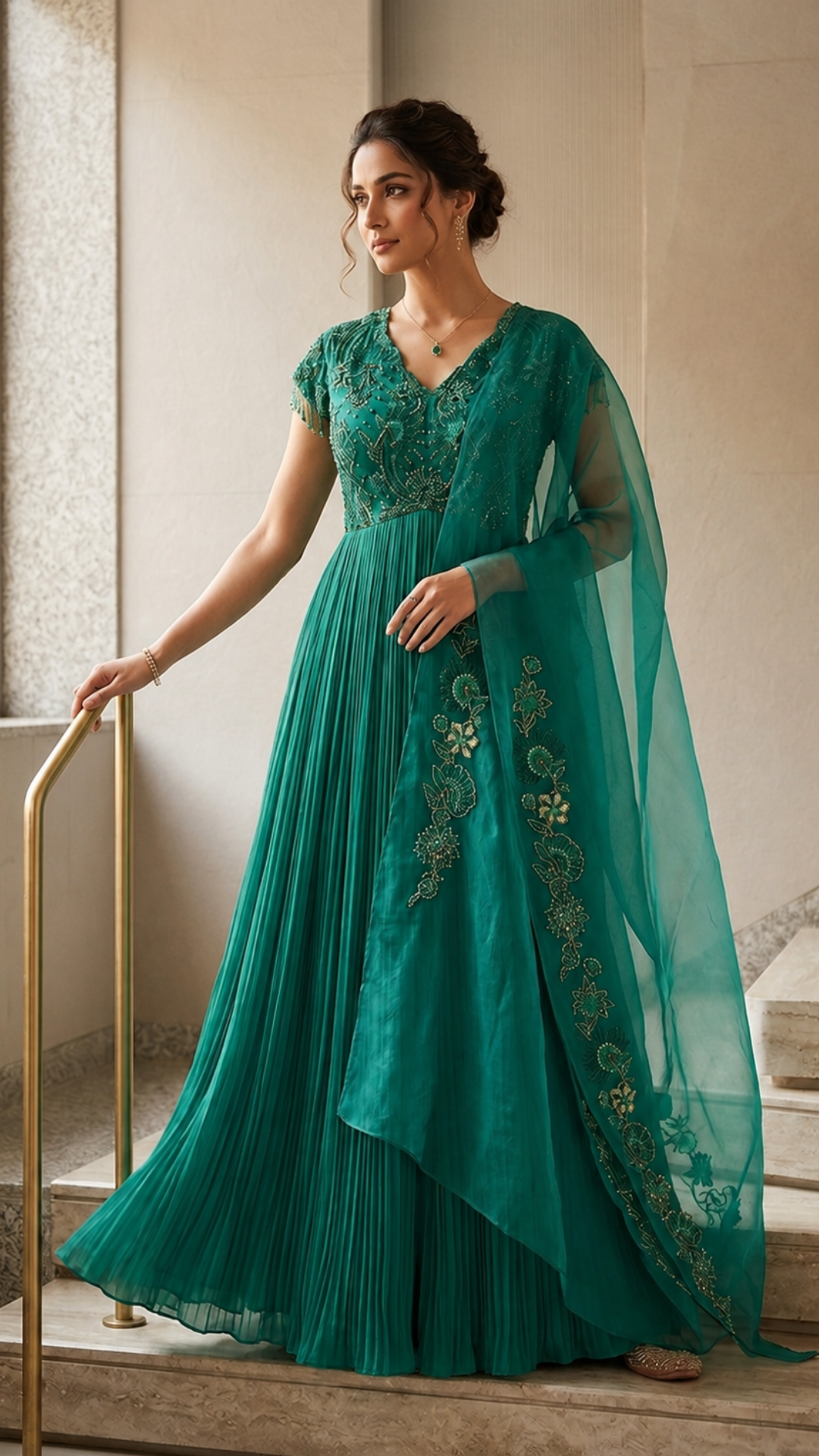 Emerald Green Chiffon Hand Embroidered Anarkali