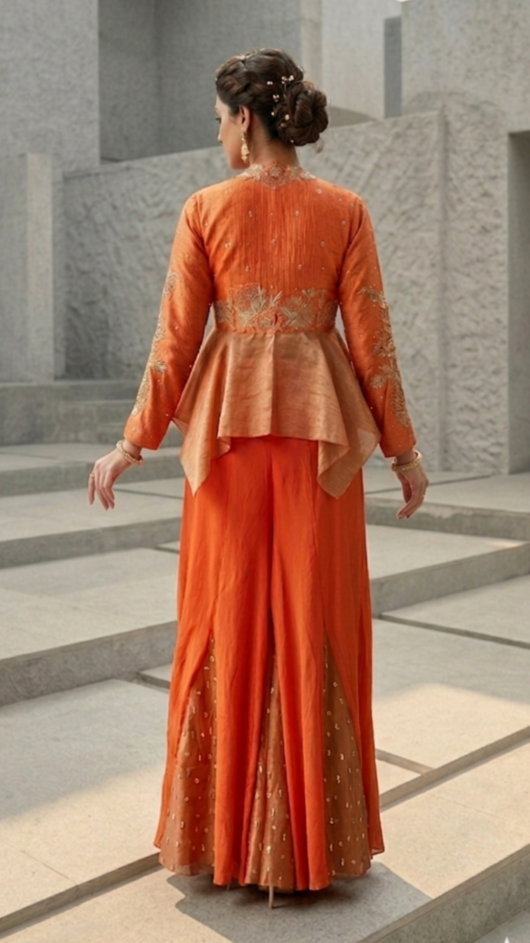 Orange Banarasi Tissue Peplum & Sharara Set,