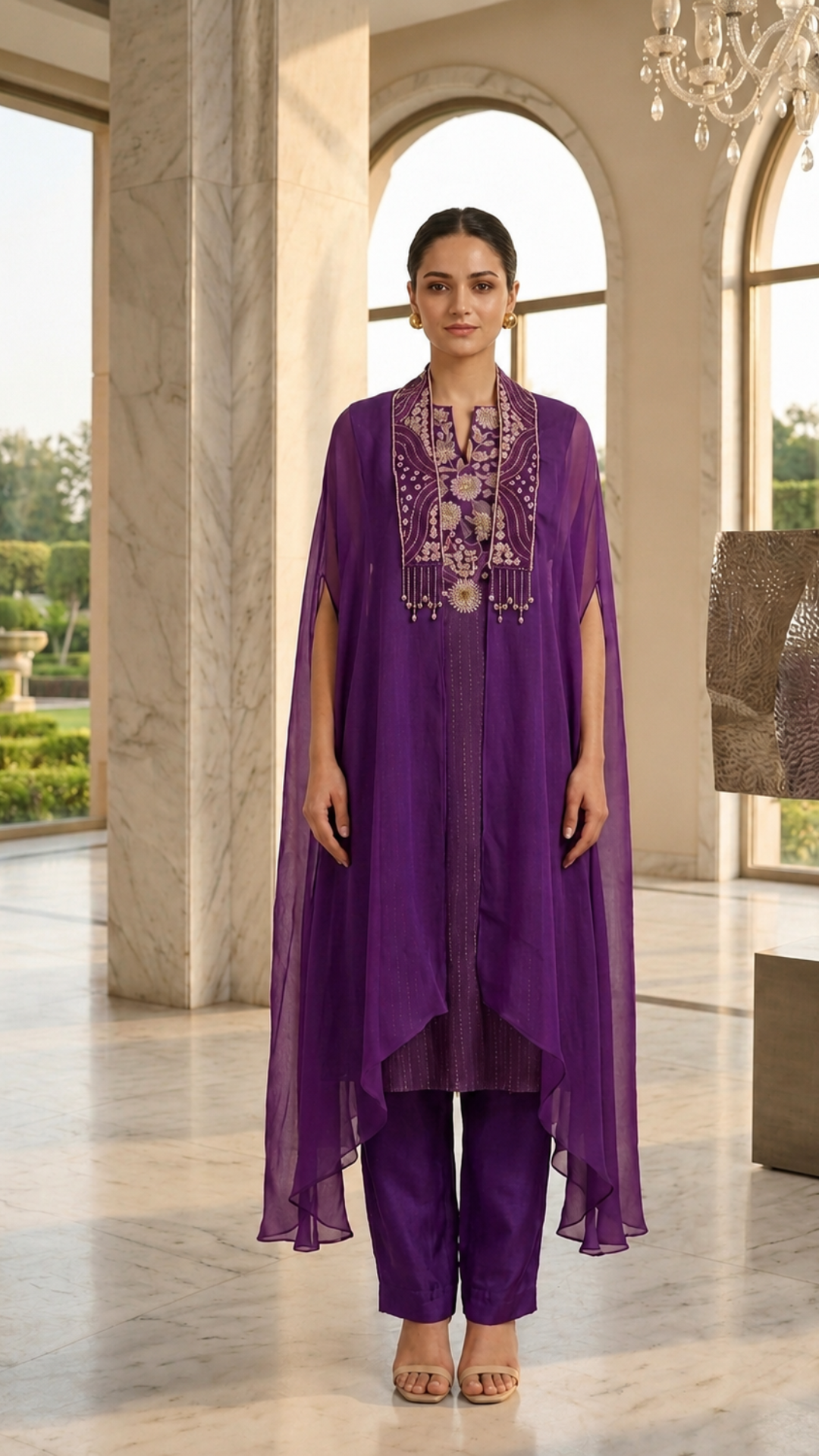 Purple Chanderi Zari Cape Suit Set