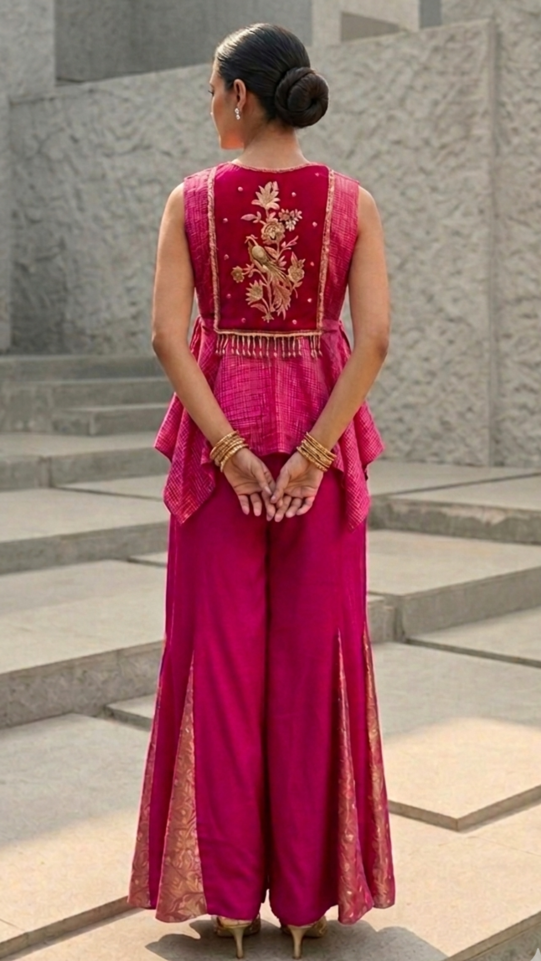 Magenta Tissue Peplum With Sharara Set