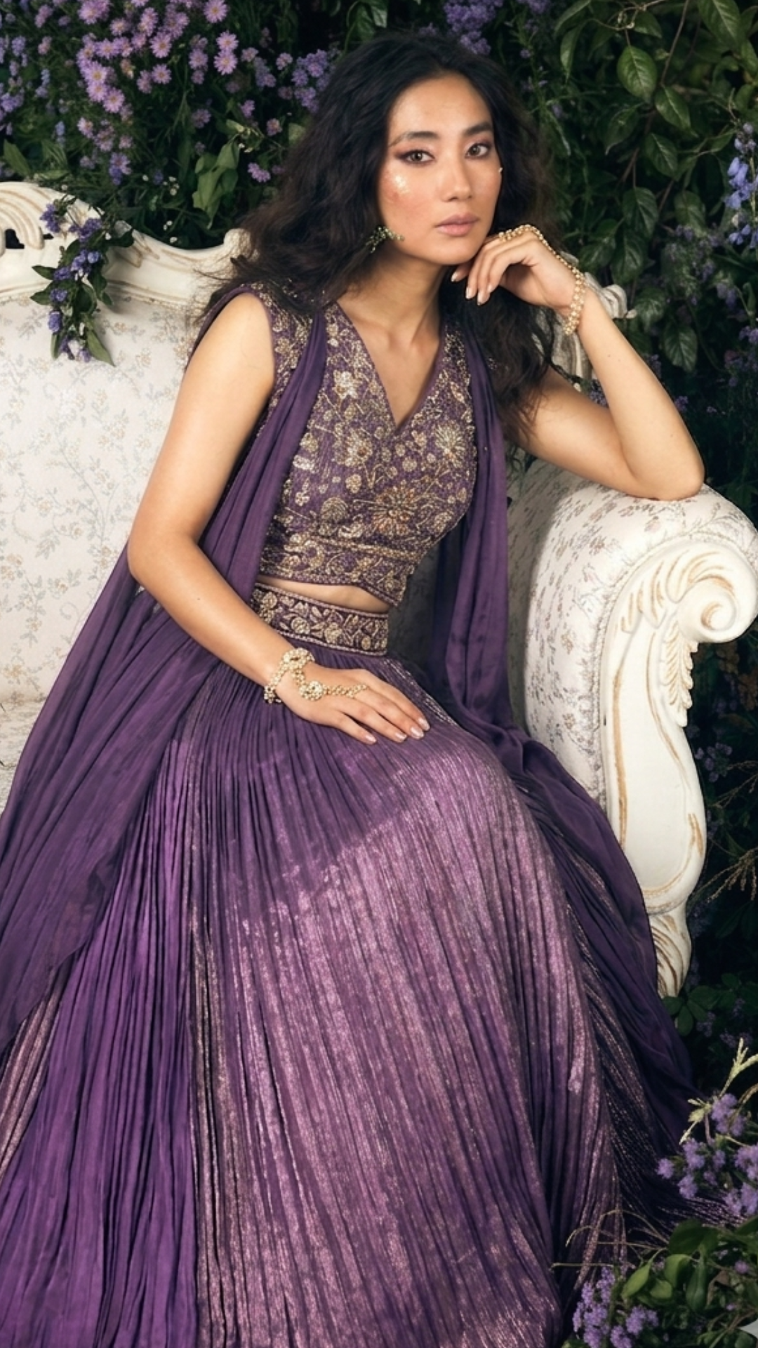 Purple Chanderi zari ,Crepe & Tissue Skirt Set
