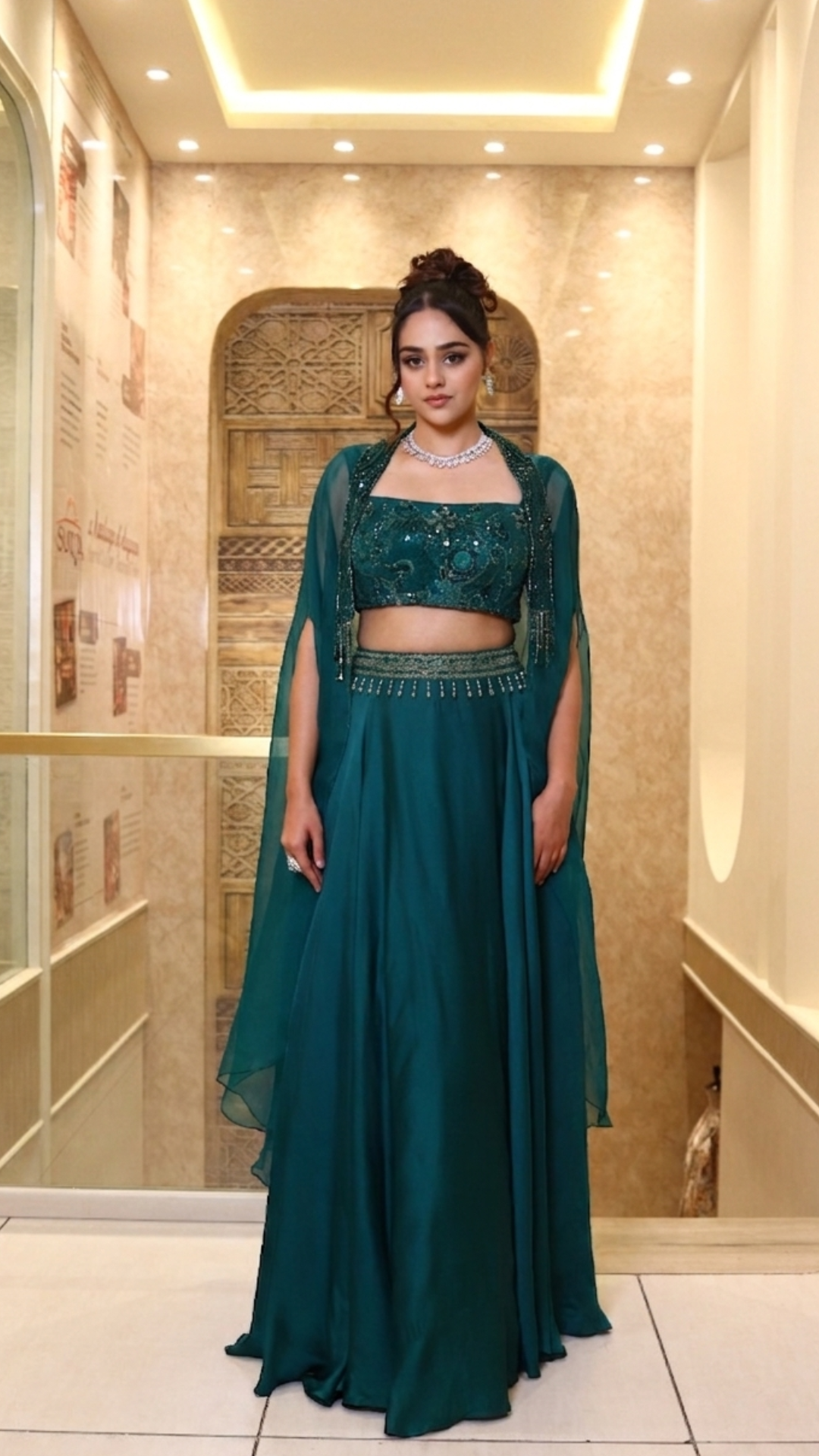 Emerald Green Skirt And Cape Set