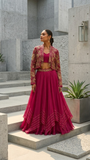 Magenta silk jacket and skirt set