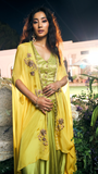 Lime Green Banarsi Butti , Organza  & Modal Satin Drape Skirt Set