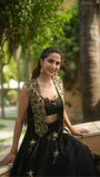 Black Satin Embroidered  Jacket Skirt Set