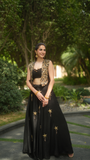 Black Satin Embroidered  Jacket Skirt Set