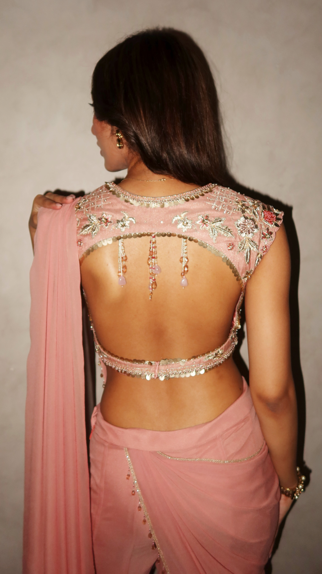 Peach and gold Chanderi Zari blouse pant saree set