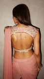 Peach and gold Chanderi Zari blouse pant saree set