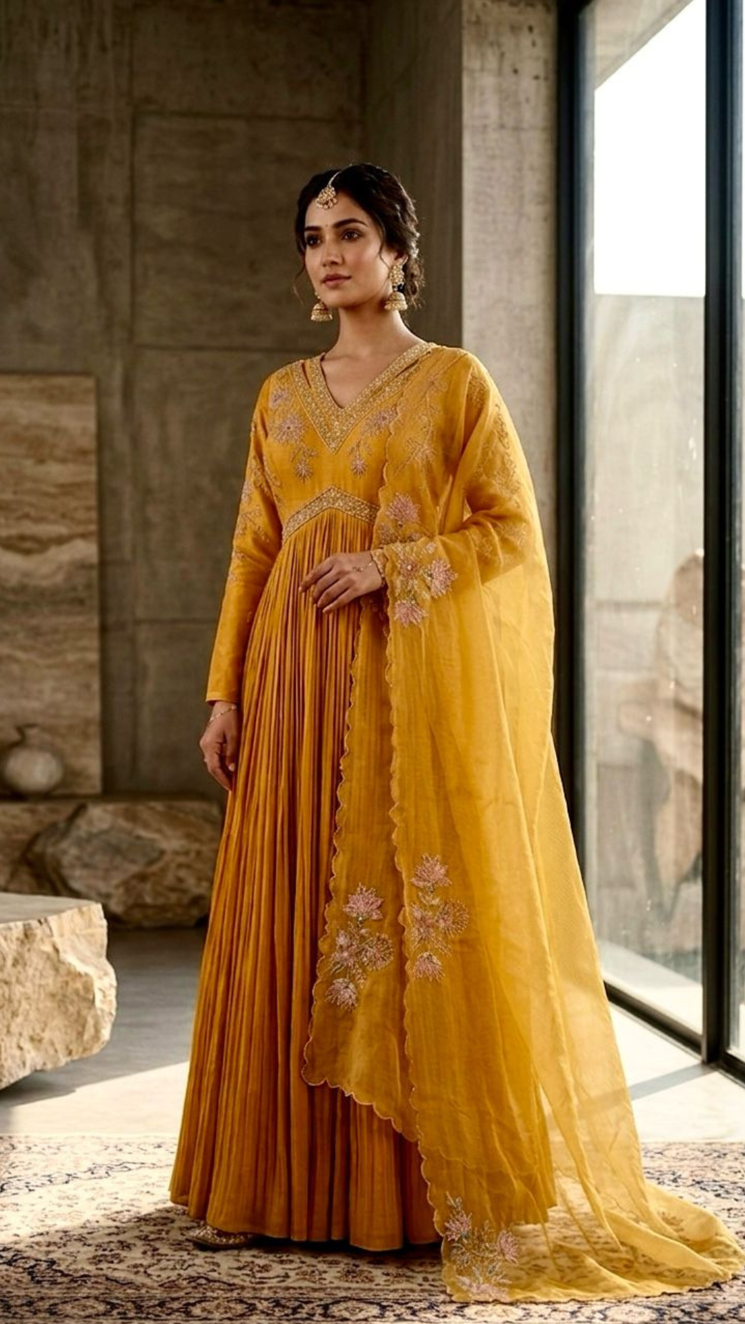 Mustard  Chanderi & Georgette Floral Hand Embroidered Anarkali