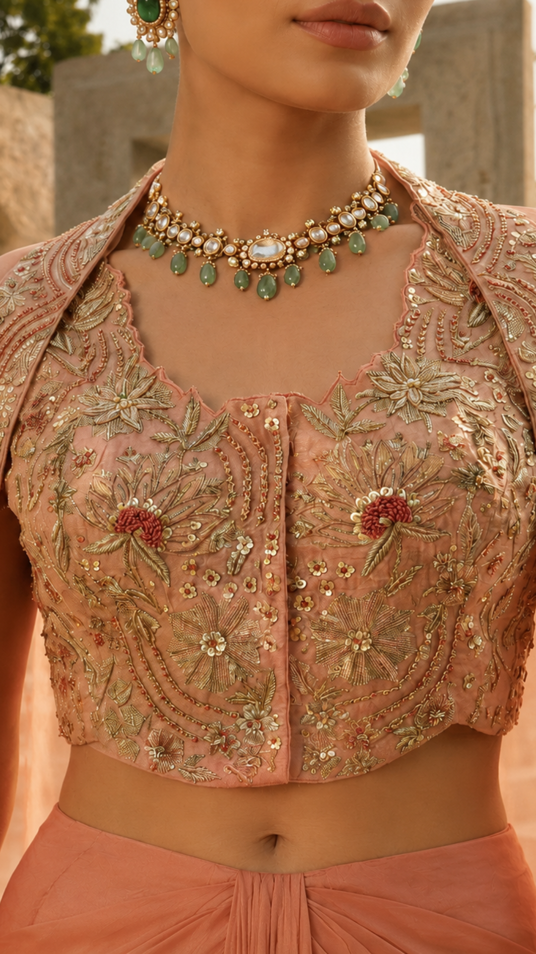 Blush pink chanderi zari waist coat and dape skirt set.