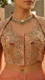 Blush pink chanderi zari waist coat and dape skirt set.