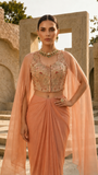 Blush pink chanderi zari waist coat and dape skirt set.