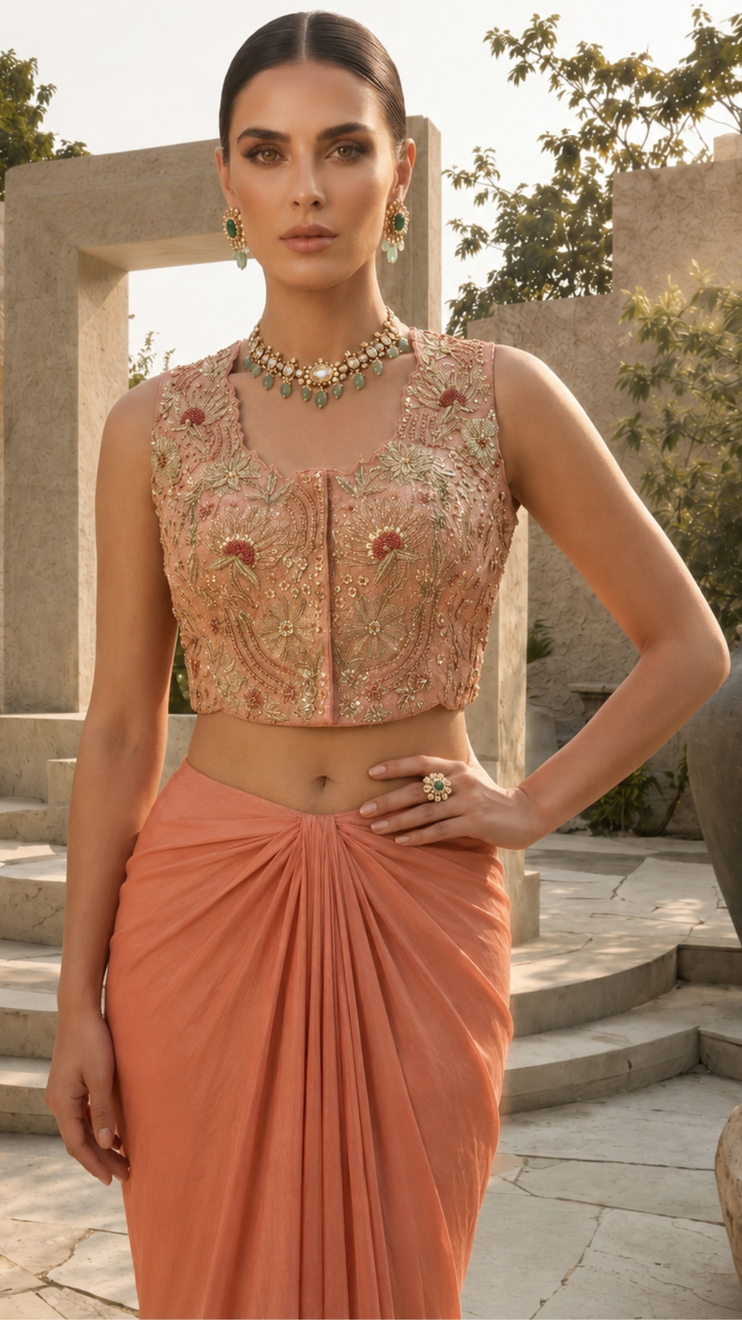 Blush pink chanderi zari waist coat and dape skirt set.