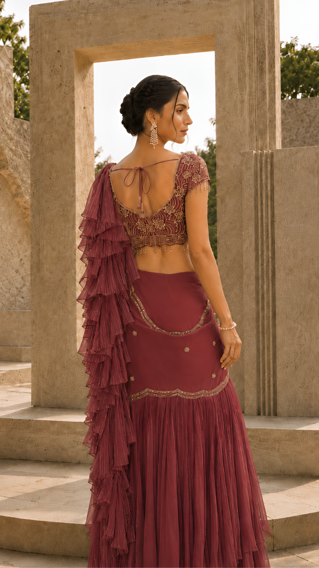 Wine & Gold Georgette Frill Saree