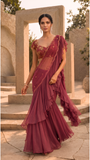 Wine & Gold Georgette Frill Saree