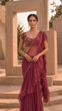 Wine & Gold Georgette Frill Saree