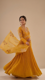 Mustard  Chanderi & Georgette Floral Hand Embroidered Anarkali