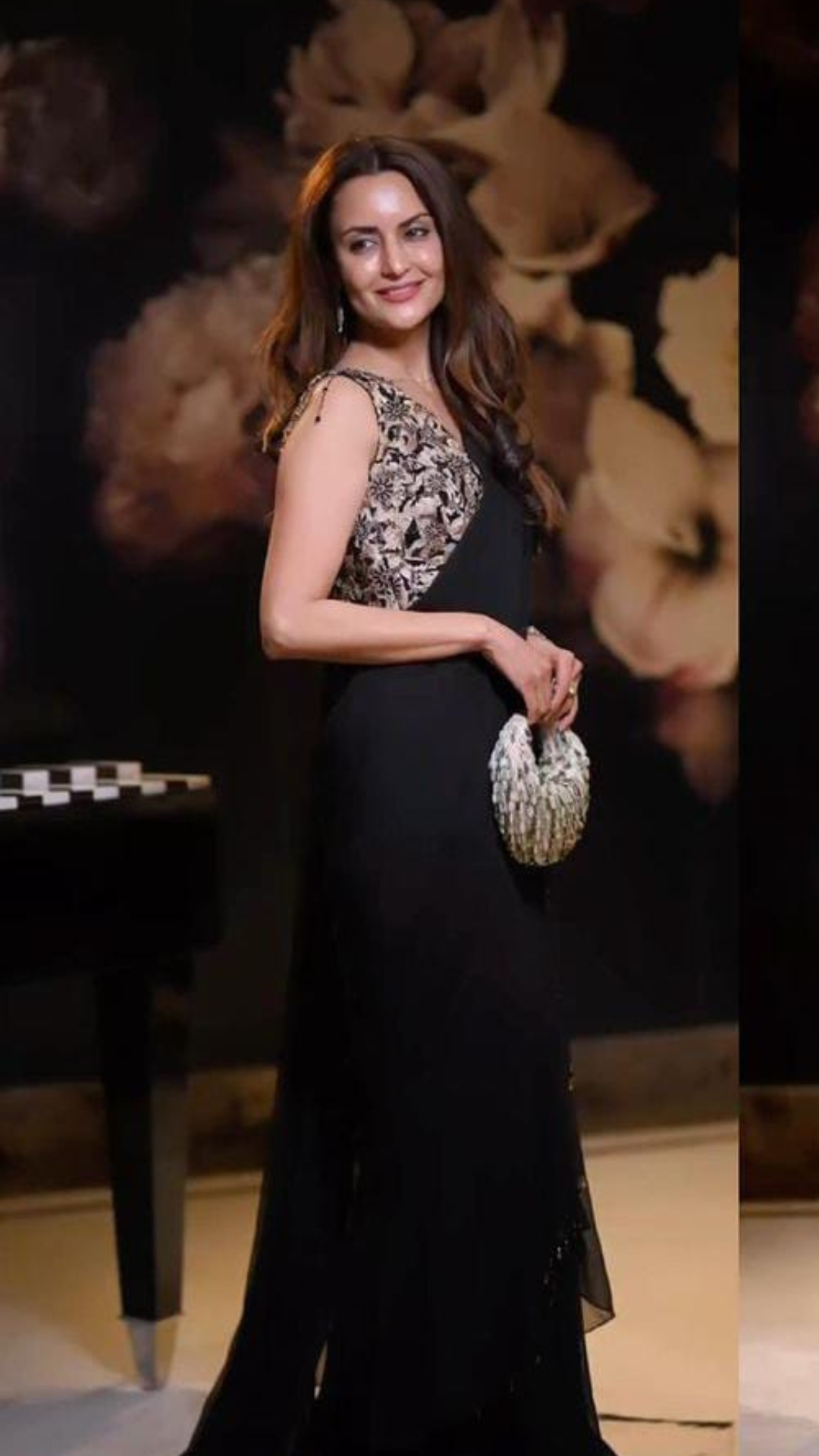 Black georgette embroidered drape saree set
