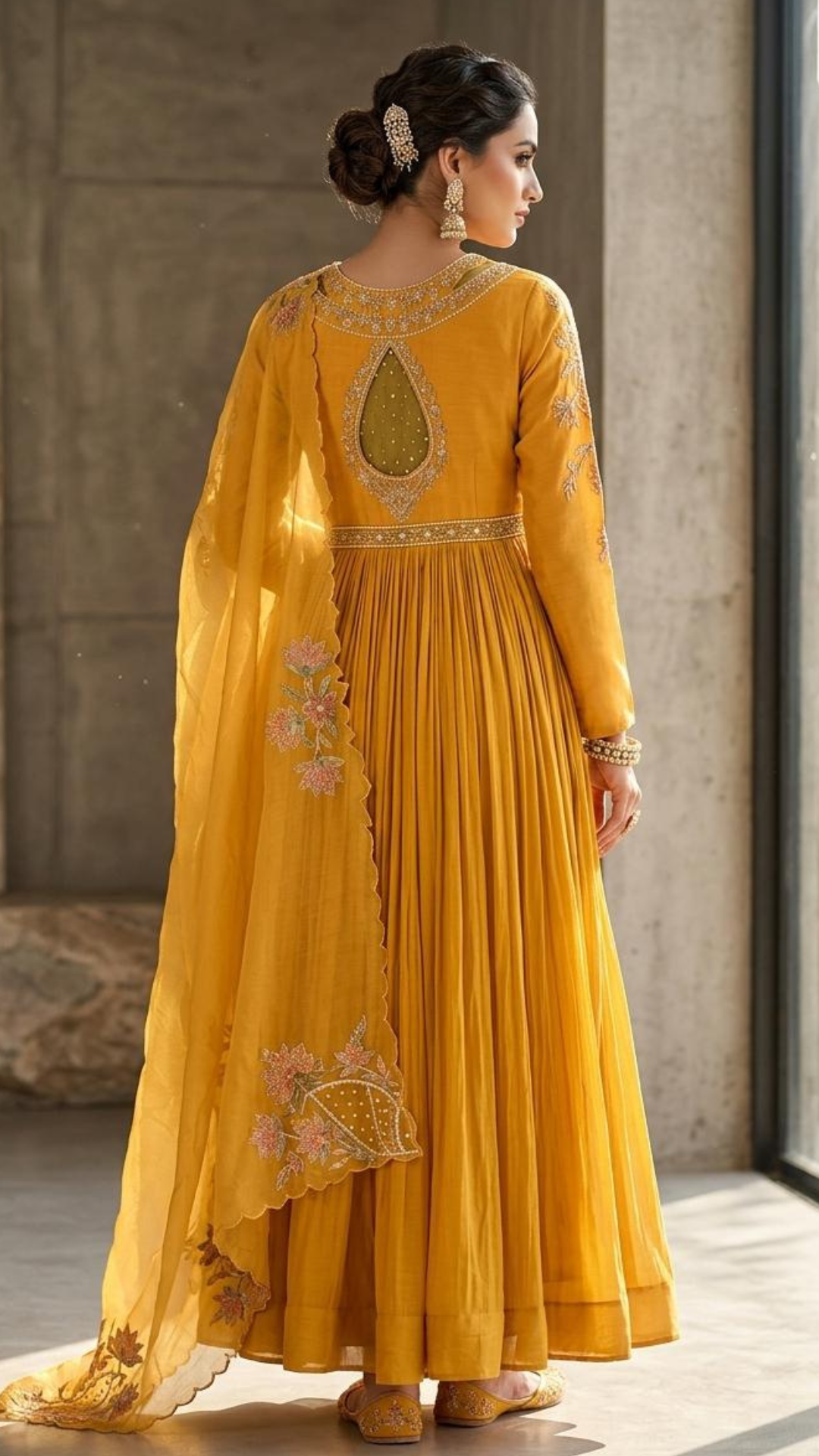 Mustard  Chanderi & Georgette Floral Hand Embroidered Anarkali