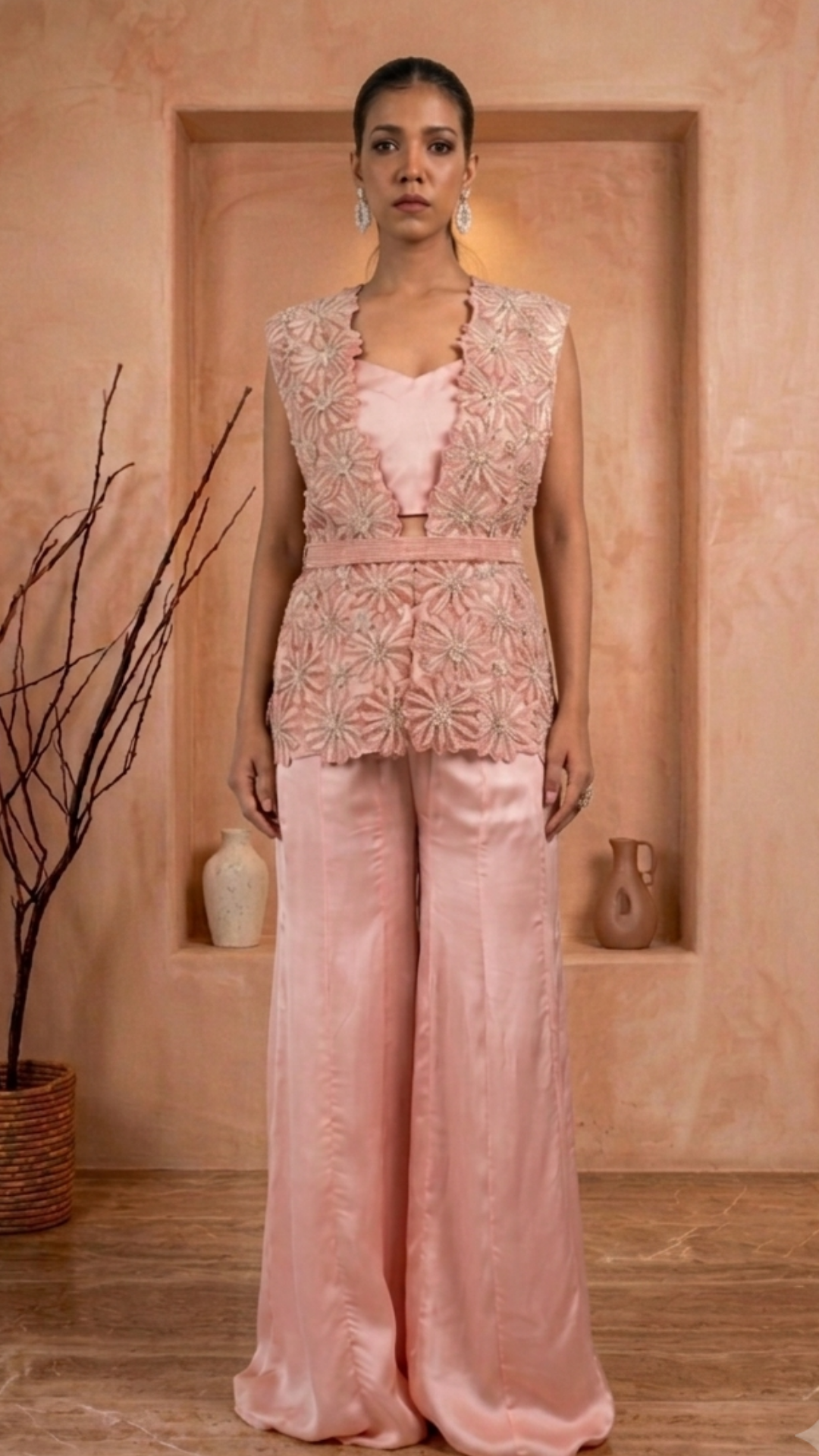 Peach flower jacket pant set
